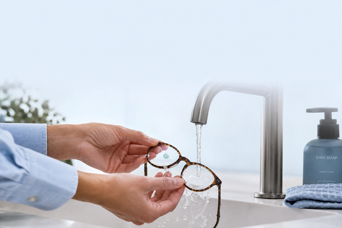 Hands cleaning eyeglasses under running water with a drop of dish soap