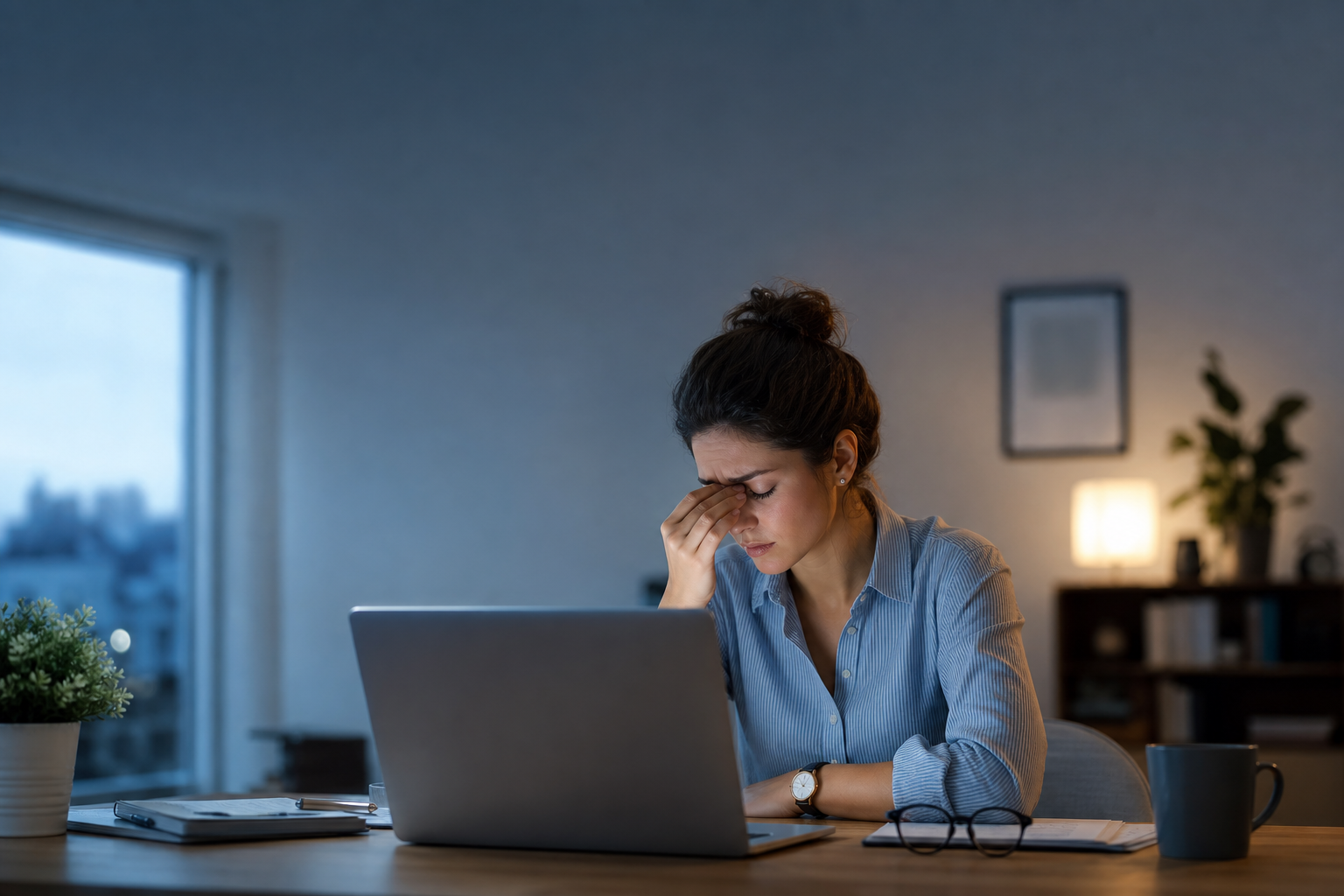 Person rubbing tired eyes in front of a laptop with digital eye strain