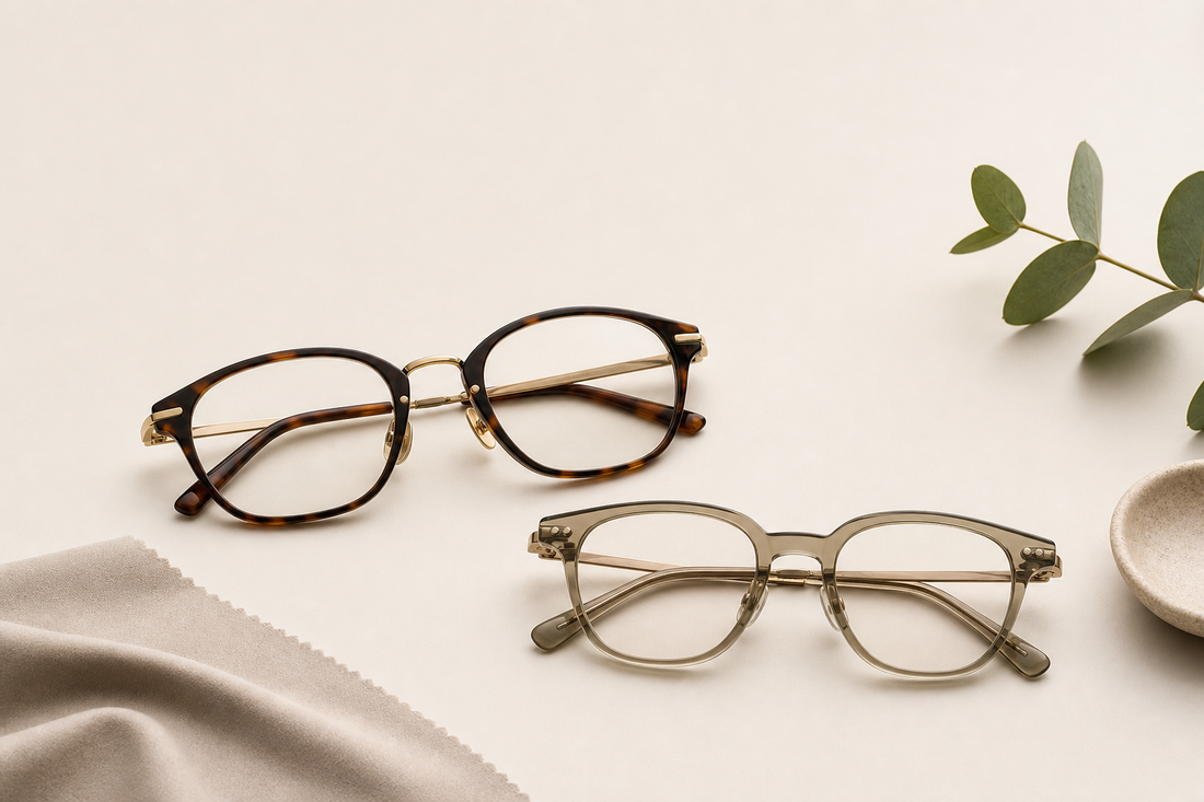 Premium acetate and metal eyeglasses on a warm cream background
