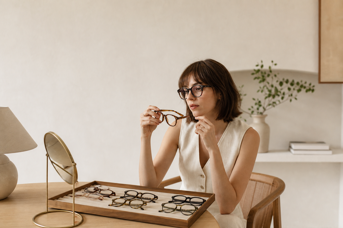 Person choosing eyeglass frames from a tray in a bright minimalist room