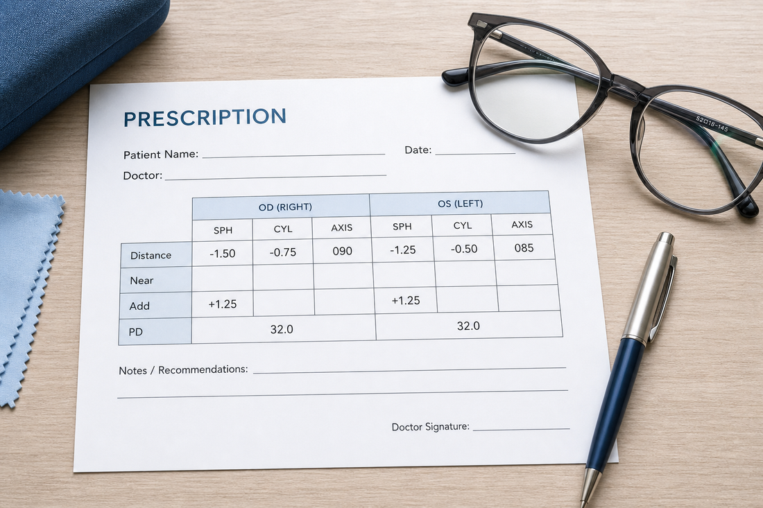 An eyeglasses prescription form with OD, OS, SPH, CYL and axis columns