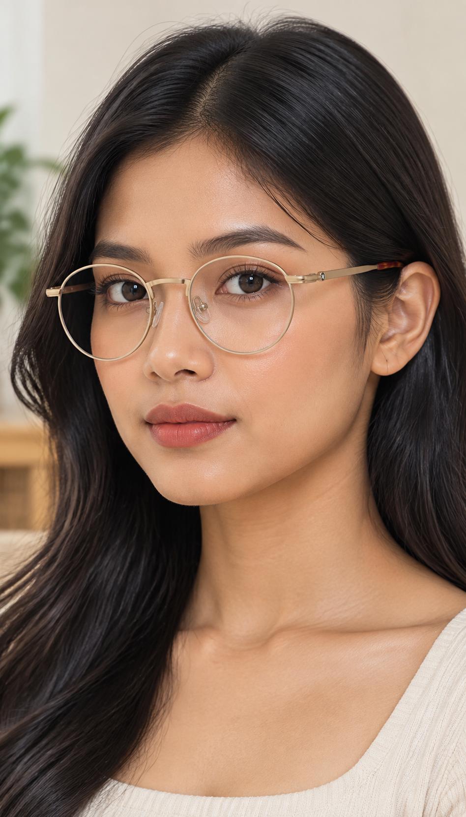 Bronze Arc eyeglasses, worn by a model
