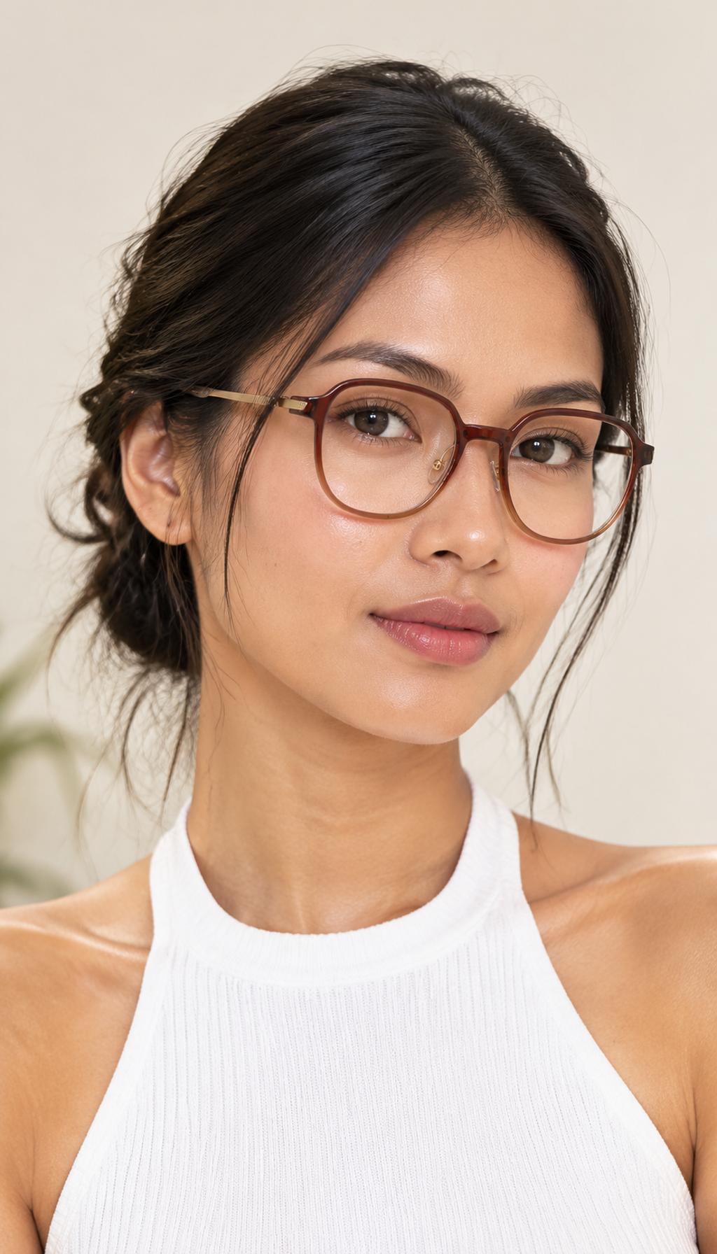 Rose Haze eyeglasses, worn by a model